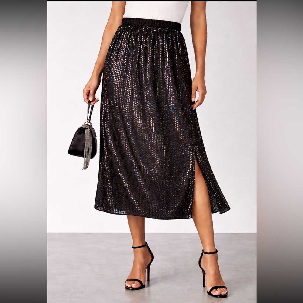 Vintage Black 100% Silk Iridescent Sequin Midi Skirt Holiday Evening Party